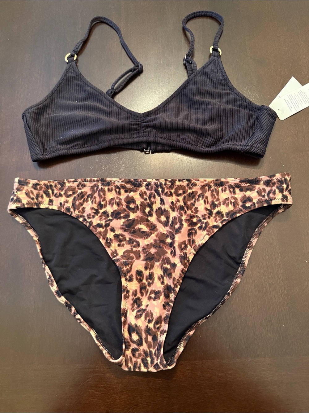 aerie Black Ribbed Bikini Top with Leopard Print Bottoms